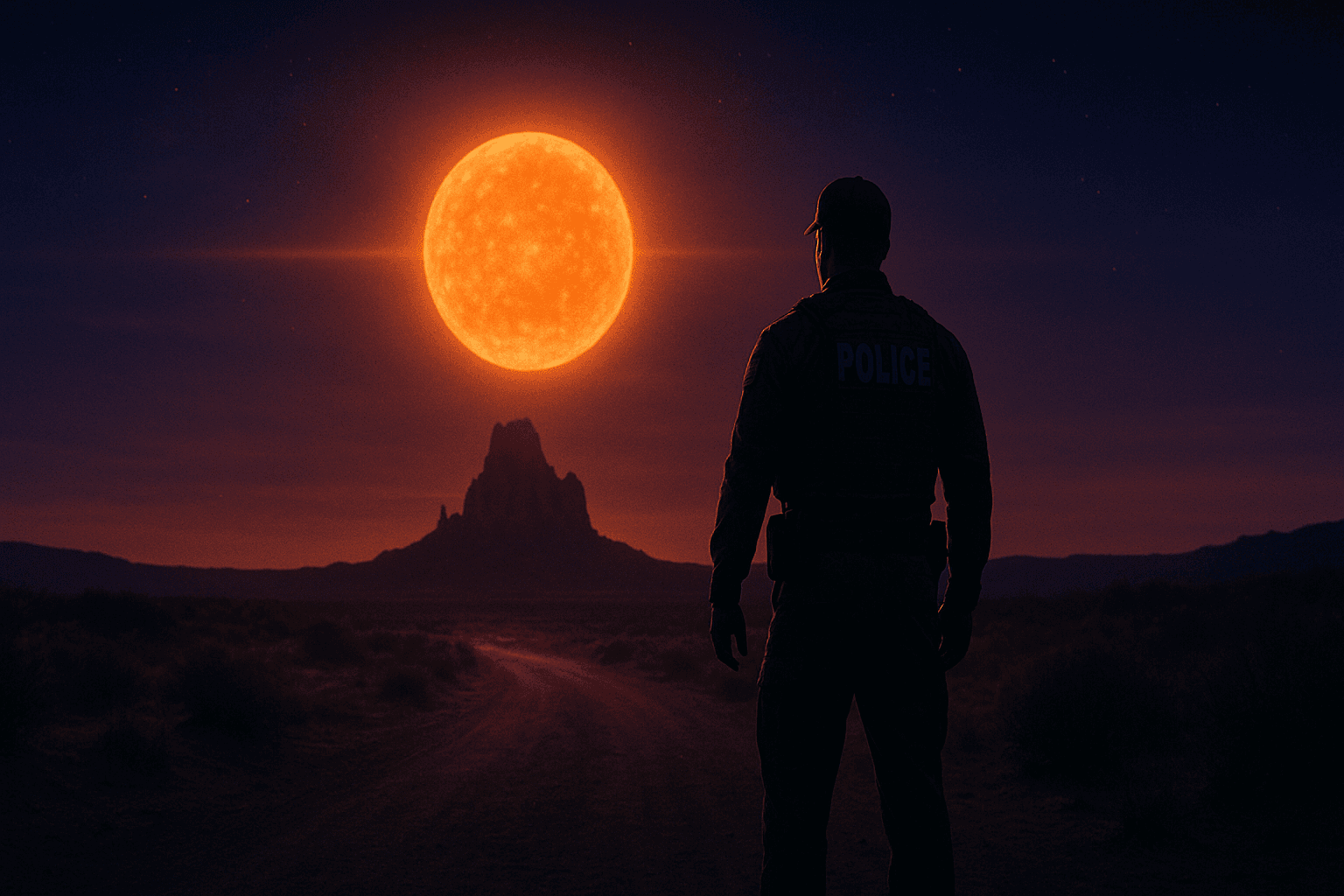 Cinematic UAP scene over desert at dusk